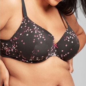 Cacique Lightly Lined Full Coverage bra Black with floral print Size 44D